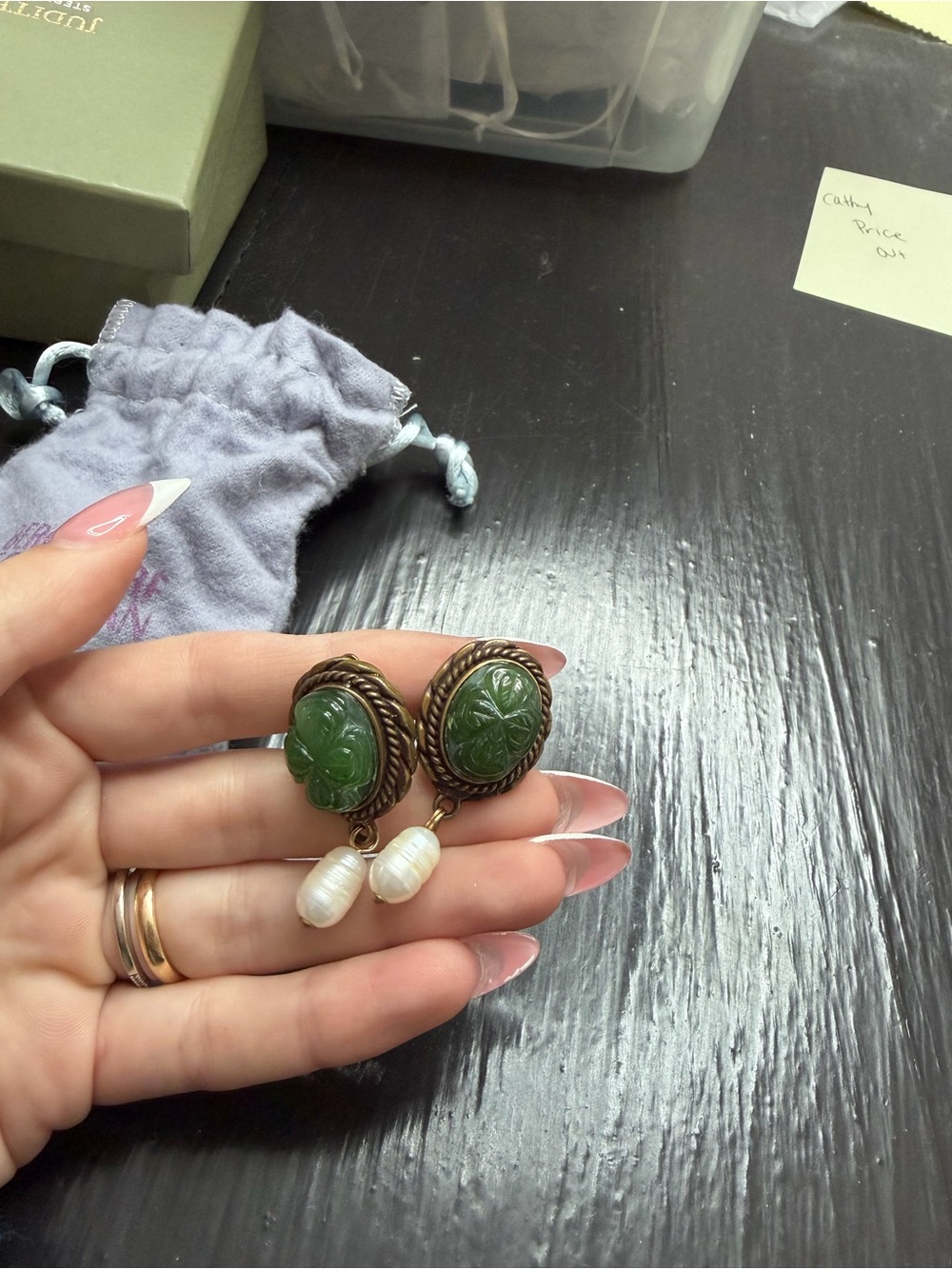 Stephen Dweck Green Carved Stone Earrings with Pearl Drops